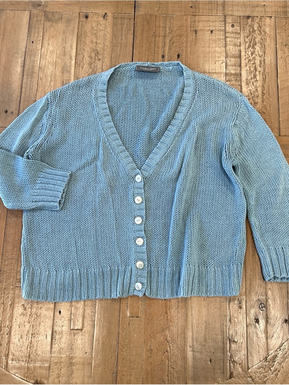 Wooden Ships V-neck Button Front Cropped Cardigan M/L Dusty Blue Coastal Grandma